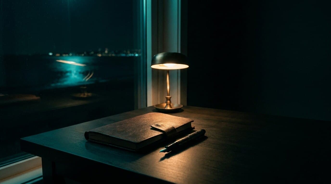 Ruhiger Schreibtisch am Fenster bei Nacht mit warmer Lampe
