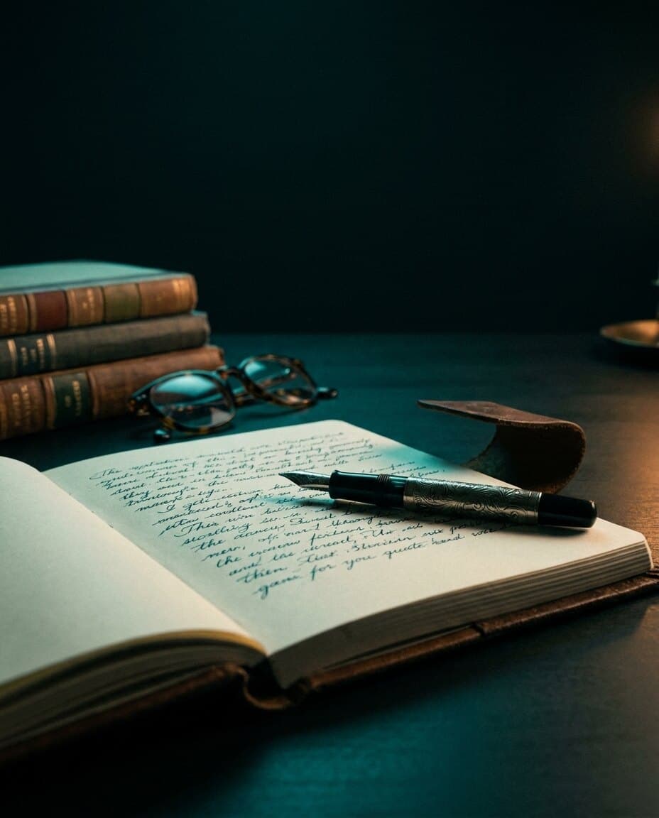 Nächtlicher Schreibtisch mit offenem Notizbuch, Füllfeder und Büchern
