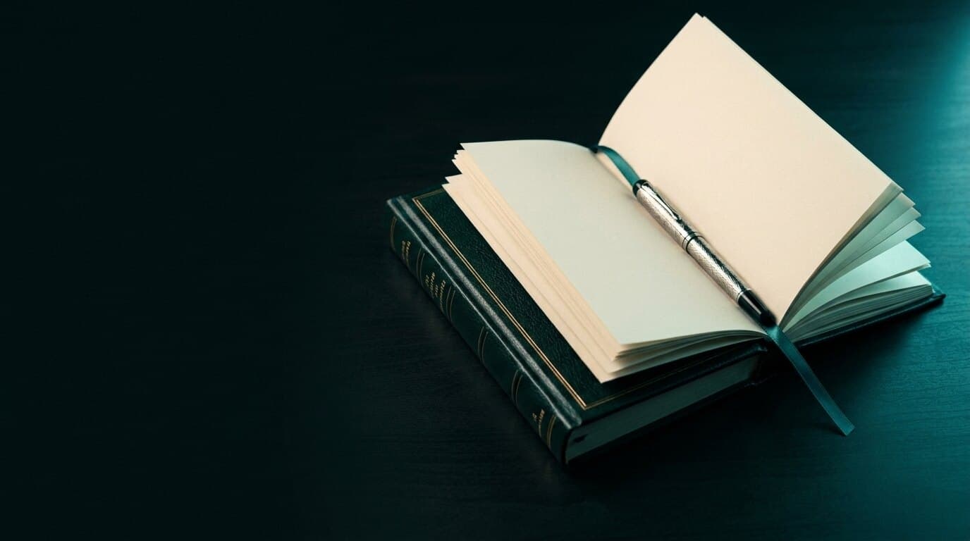 Aufgeschlagenes Buch mit Füllfeder auf dunklem Schreibtisch